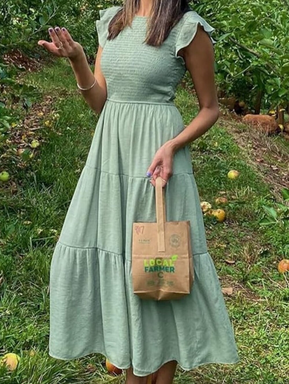 NWT KYL Dress Tiered Sage Flutter Sleeves Large Boho Midi Maxi - Picture 1 of 7